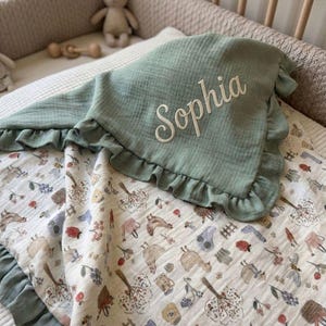 Personalized Muslin Baby Blanket, Embroidered Name, Farm Blue Cotton, Ruffled Trim, Newborn Gift, image 9