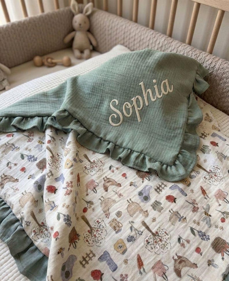 Personalized Muslin Baby Blanket, Embroidered Name, Farm Blue Cotton, Ruffled Trim, Newborn Gift, image 9