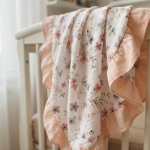 Personalized Muslin Baby Blanket, Embroidered Name, Farm Blue Cotton, Ruffled Trim, Newborn Gift, image 17