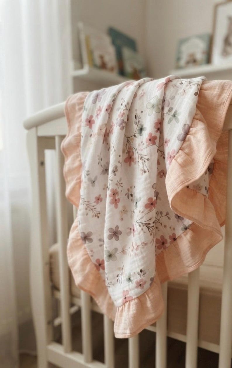 Personalized Muslin Baby Blanket, Embroidered Name, Farm Blue Cotton, Ruffled Trim, Newborn Gift, image 17