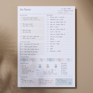 May include: A white Day Planner sheet with handwritten notes and a daily schedule. The planner includes sections for deep focus tasks, a task breakdown ladder, and a thought parking lot. The planner is dated May 19, 2023.