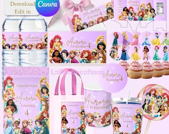 Paquete imprimible para fiesta de cumpleaños de princesas (descarga digital)