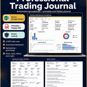 May include: A digital trading journal bundle featuring a laptop displaying a performance dashboard with charts and metrics, alongside two printable forms for trade logging and weekly reviews, labeled with text including Professional Trading Journal.