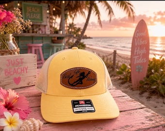 Gorra de camionero Richardson 115, parche de cuero grabado, gorra de pesca, estilo costero.