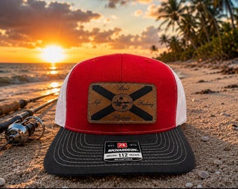 Gorra con parche de cuero de la bandera de Florida / Gorra de camionero Richardson 112 / Cierre ajustable rojo, blanco y negro / Gorra para pesca y navegación