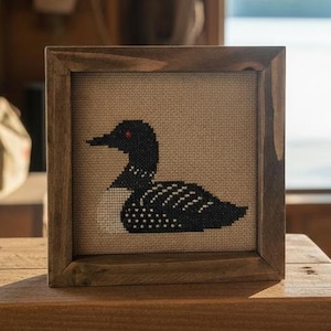 Handmade Loon Minnesota State Bird Cross Stitch Shadowbox (6 x 6”)