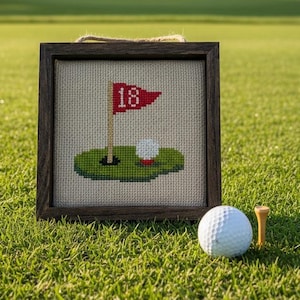 Handmade cross stitch Golf 18th Hole Tee wood shadowbox 5x5” Perfect for Father’s Day!