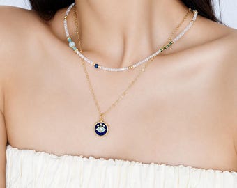 Two Layer Necklace With Natural Crystals, Gold Layered Necklace, Evil Eye Pendant, Boho Jewelry, Stacking Necklace, Gift For Her