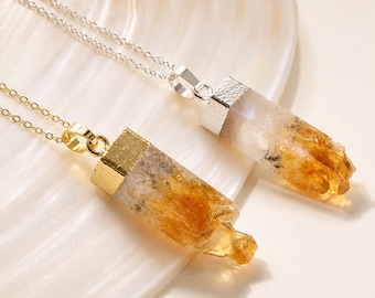 Citrine Crystal Necklace, Raw Stone Pendant Necklace, Gold or Silver Crystal Necklace, Geometric Pendant, Gift for Her