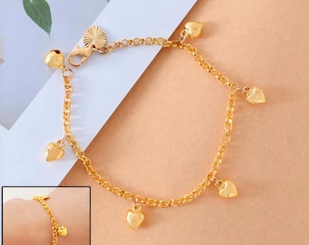 Gold Heart Charm Bracelet, Dainty Minimal Jewelry, Adjustable 21cm Chain, Cute Heart Bracelet, Gift for Her, Everyday Jewelry