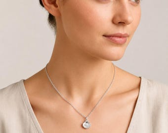 925 Sterling Silver Scallop Shell Necklace with Pearl Accent, White Gold Plated Ocean Pendant, Beach Jewelry, Gift for Her