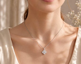 925 Sterling Silver CZ Floral Pendant Necklace, White Gold Plated Flower Necklace, Cubic Zirconia Jewelry Gift for Her