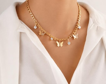 Butterfly Necklace Gold Silver, Chunky Chain Charm Necklace, Rhinestone Pendant Jewelry, Y2K Aesthetic Gift for Her, Trendy Necklace