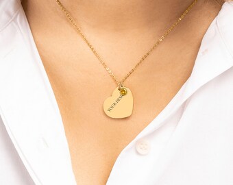 Personalized Heart Necklace with Birthstone, Custom Engraved Jewelry, Name Necklace, Gift for Her, Anniversary Gift, Birthday Gift