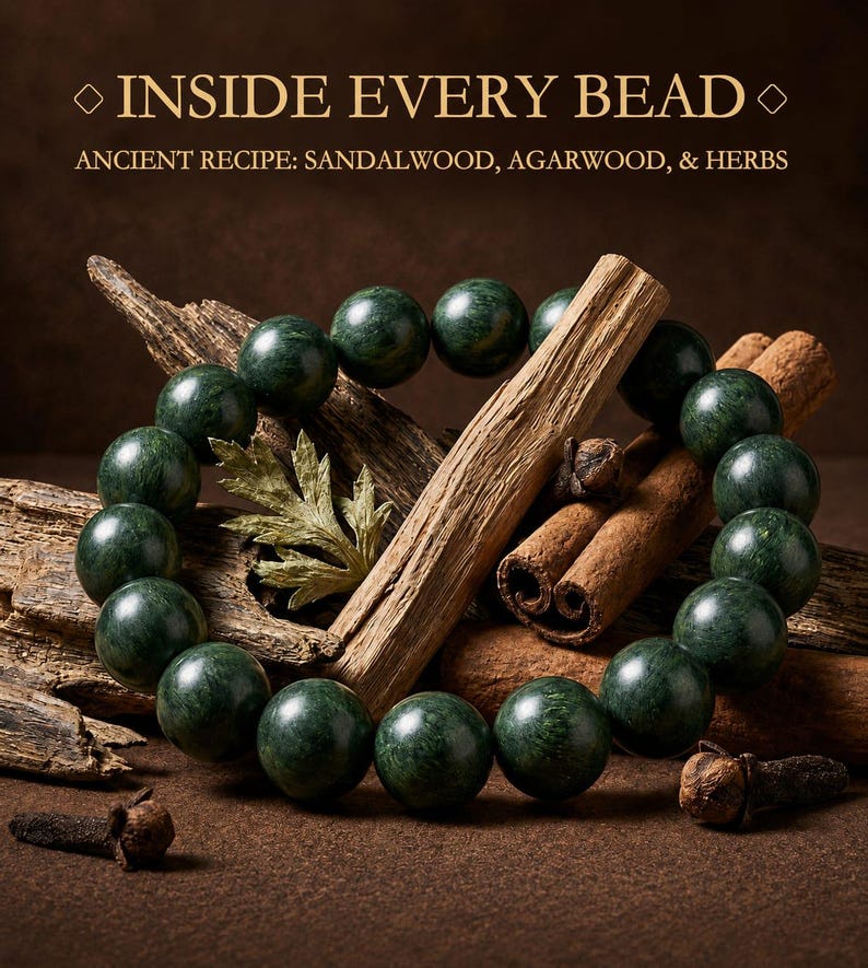 May include: A circular bracelet of dark green, polished beads arranged around pieces of wood, cinnamon sticks, and dried cloves. The text reads: INSIDE EVERY BEAD, ANCIENT RECIPE: SANDALWOOD, AGARWOOD, & HERBS. The composition features natural textures.