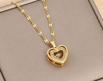 Gold Heart Necklace for Women, Double Heart Pendant, Titanium Steel Necklace, Dainty Gift for Her, Valentine's Jewelry