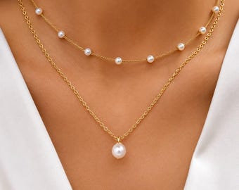 Gold Pearl Layered Necklace, Minimalist Choker, Dainty Double Chain Pendant Jewelry