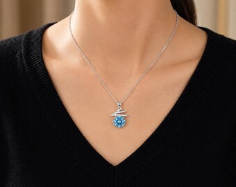 925 Sterling Silver Blue Topaz Necklace, Round Gemstone Pendant, Spiral Ribbon Necklace, Dainty Gift for Her, December Birthstone Jewelry