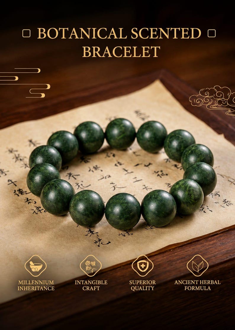 May include: A dark green beaded bracelet with spherical beads arranged in a circle. The text BOTANICAL SCENTED BRACELET appears at the top, with icons and text for MILLENNIUM INHERITANCE, INTANGIBLE CRAFT, SUPERIOR QUALITY, and ANCIENT HERBAL FORMULA below.