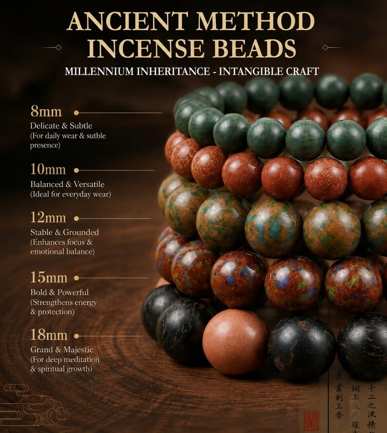May include: A collection of spherical incense beads arranged in rows, labeled with sizes 8mm, 10mm, 12mm, 15mm, and 18mm. The beads feature various textures and colors, including matte green, shimmering copper, mottled green-brown, and dark black tones.