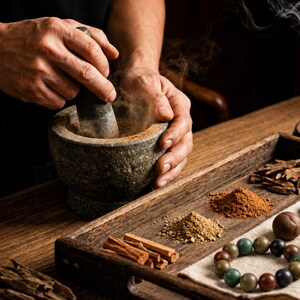 May include: A dark grey stone mortar and pestle being used to grind spices, releasing a fine dust. Beside it, a wooden tray holds piles of ground spices, cinnamon sticks, wood shavings, and a bracelet made of smooth, multi-colored round beads.