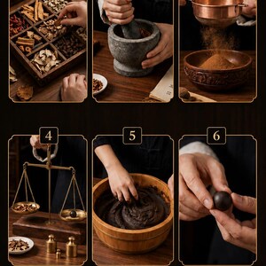 May include: A six-panel instructional graphic labeled SERVALYS showing the process of preparing herbal medicine: sorting dried ingredients in a wooden box, grinding with a stone mortar and pestle, sifting powder, weighing items on a brass scale, mixing a dark paste in a wooden bowl, and shaping a small round pill.