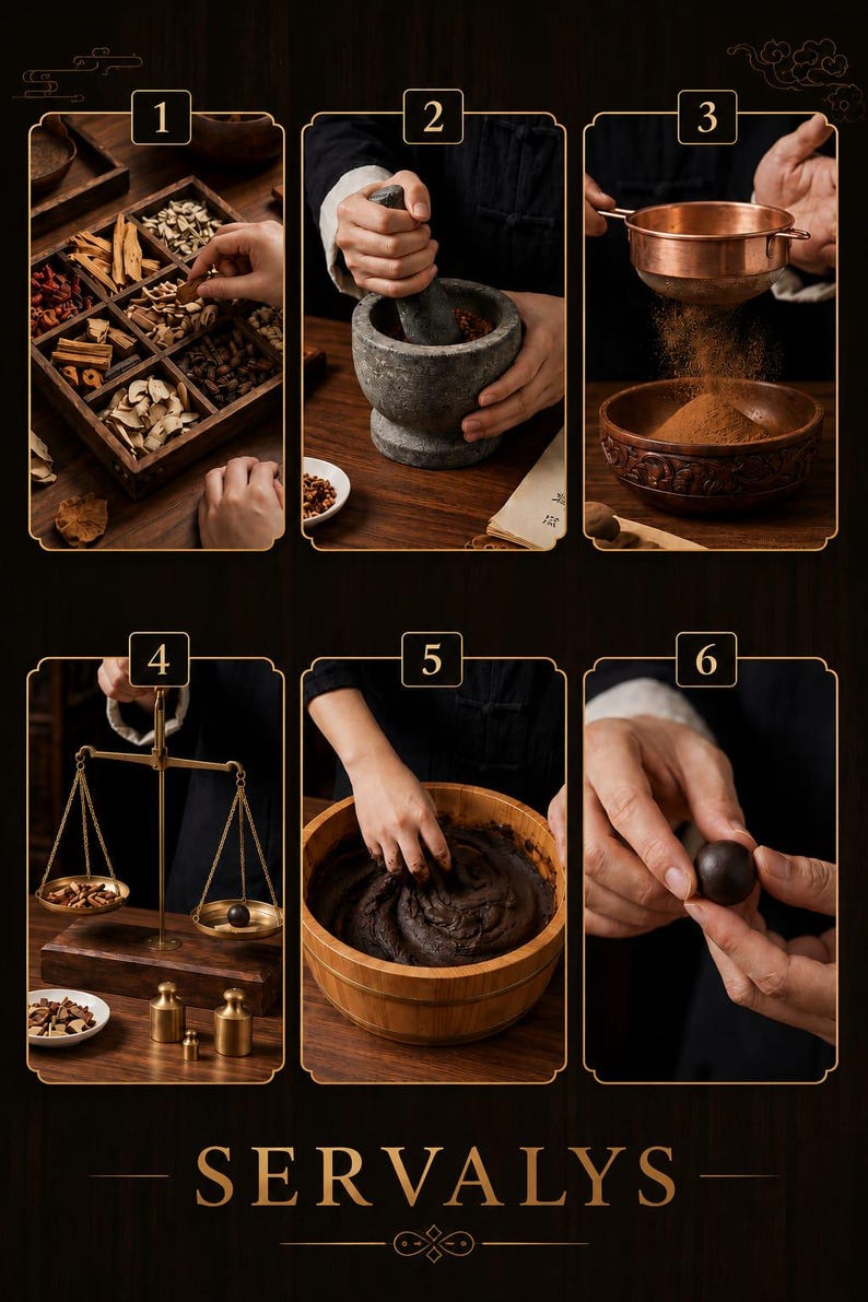 May include: A six-panel instructional graphic labeled SERVALYS showing the process of preparing herbal medicine: sorting dried ingredients in a wooden box, grinding with a stone mortar and pestle, sifting powder, weighing items on a brass scale, mixing a dark paste in a wooden bowl, and shaping a small round pill.