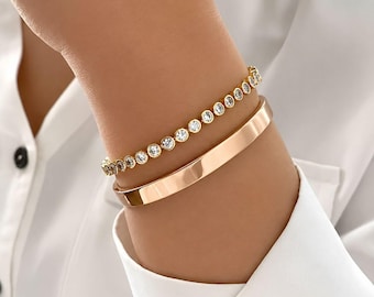 Gold Silver Bracelet Set, Minimalist Bangle Bracelet, Crystal Tennis Bracelet for Women, Stackable Jewelry, Elegant Gift for Her