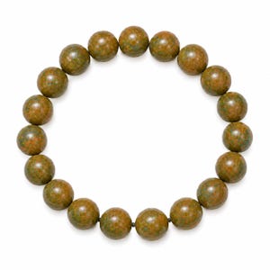 May include: A circular bracelet composed of nineteen smooth, spherical beads. Each bead features a mottled, earthy color palette with blended tones of olive green, brown, and subtle flecks of blue, creating a polished, uniform appearance throughout.