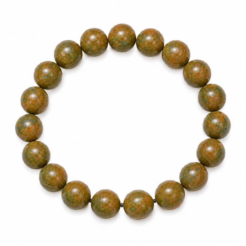 May include: A circular bracelet composed of nineteen smooth, spherical beads. Each bead features a mottled, earthy color palette with blended tones of olive green, brown, and subtle flecks of blue, creating a polished, uniform appearance throughout.