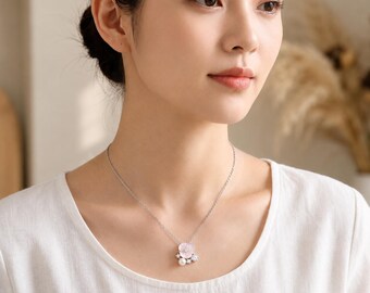 925 Sterling Silver Pink Shell Flower Necklace, Pearl & Crystal Pendant, Floral Necklace, Dainty Jewelry Gift for Her, Bridal Jewelry