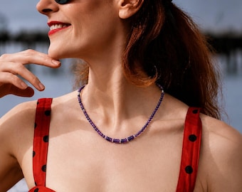 Amethistketting, choker met paarse kralen, natuursteenketting, minimalistische kristallen sieraden, cadeau voor haar