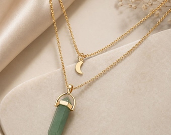 Layered Gold Crystal Point Necklace, Moon Charm, Natural Stone Pendant, Boho Celestial Jewelry