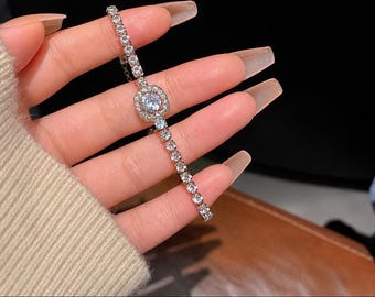 Silver Tennis Bracelet for Women, Round Halo CZ Bracelet, Adjustable Cubic Zirconia Bracelet, Bridal Jewelry, Gift for Her