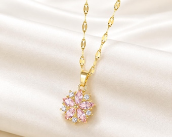 Crystal Snowflake Necklace for Women, Pink Flower Pendant Necklace, Korean Style Jewelry, Titanium Steel Necklace, Gift for Her