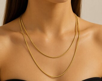 Layered Gold Snake Chain Necklace, Minimalist Double Layer Necklace, Dainty Gold Jewelry Gift for Women