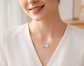 925 Sterling Silver Blue Butterfly Necklace, Enamel Mother of Pearl Pendant, Dainty Butterfly Jewelry Gift for Her