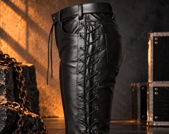 Echte Schaffelllederhose, Gothic-Bikerhose, Schnür-Motorradhose
