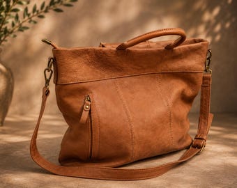 Handmade Washed Cow Leather Tote Bag, Soft Shoulder Work Laptop Purse
