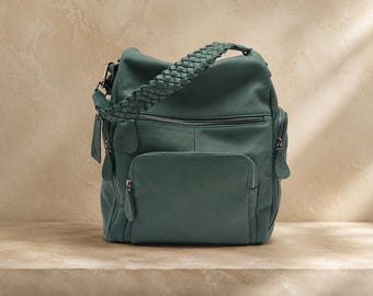 Convertible Leather Backpack Purse | Slouchy Hobo Bag, Woven Strap, Genuine Leather Rucksack