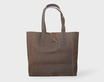 Chocolate Brown Crazy Horse Leather Tote Bag | Minimalist Rustic Unlined Shopper Purse