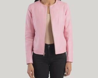 Collarless Sheepskin Leather Jacket, Minimalist Zip Coat, Women's Casual Outerwear