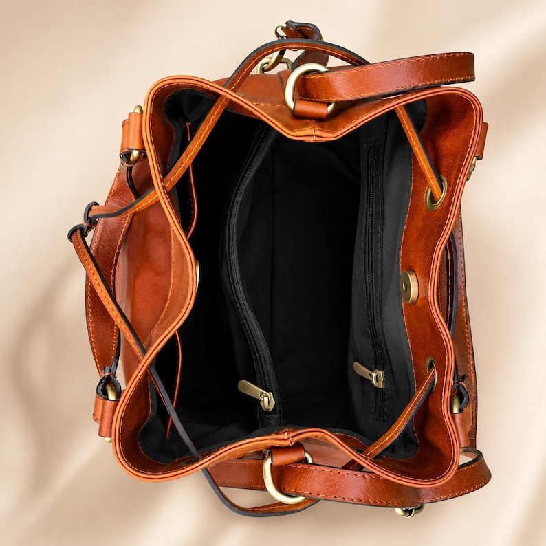 Borsa a secchiello in vera pelle bovina fatta a mano, borsa a tracolla con coulisse, borsa per tutti i giorni immagine 6