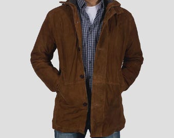 Men's Suede Winter Jacket | Genuine Goatskin Leather Coat, Faux Fur Lined, High Neck Zip