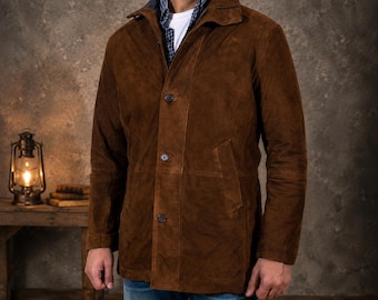 Men's Suede Leather Jacket | Faux Fur Lined Winter Coat | Vintage Trench Style Outerwear