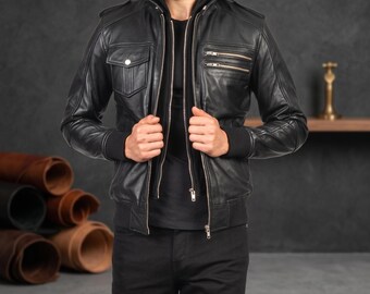 Real Sheepskin Leather Moto Jacket | Men's Biker Coat with Removable Hood