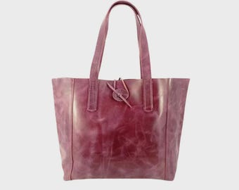 Purple Full Grain Leather Tote Bag | Distressed Vintage Cowhide Work Handbag