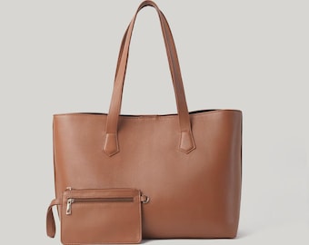 Full Grain Leather Tote Bag with Wristlet Pouch, Everyday Work Handbag