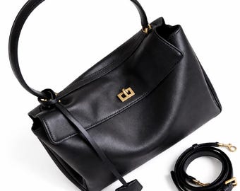 Genuine Calfskin Leather Shoulder Bag, Handmade Luxury Tote, Adjustable Strap, Suede Interior