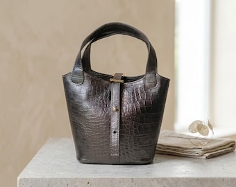 Crocodile Embossed Leather Bucket Bag | Structured Top Handle Suede Lined Handbag